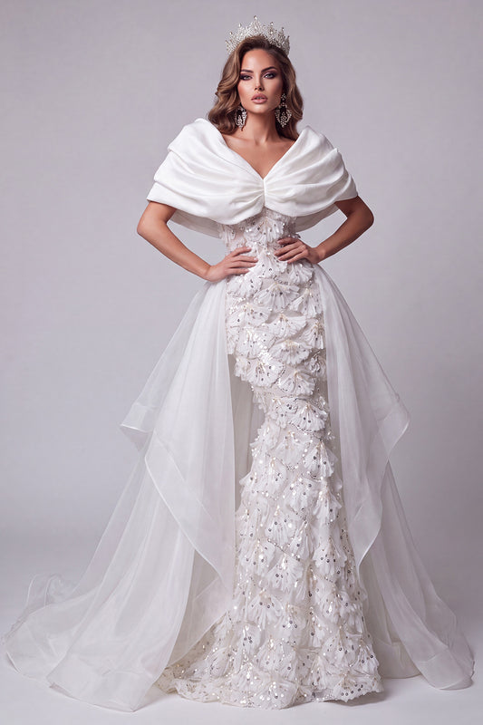 White Sequin Floral Sparkly Long Mermaid Pageant Dress with Cape