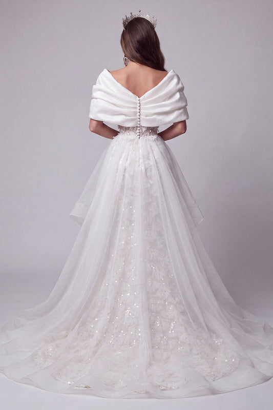 White Sequin Floral Sparkly Long Mermaid Pageant Dress with Cape