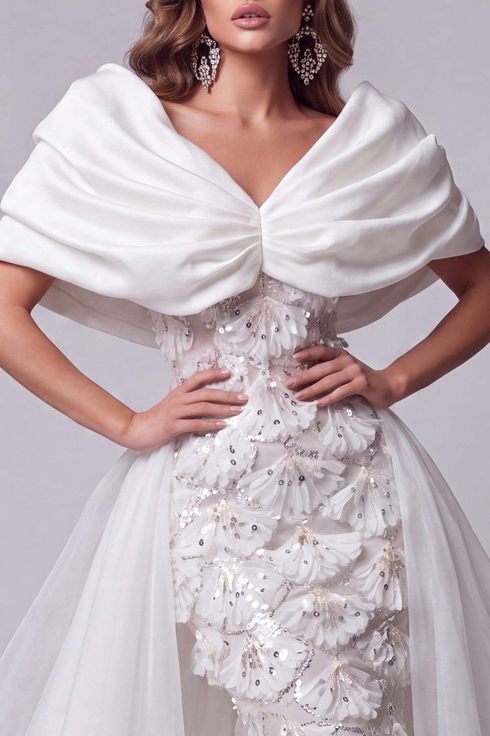 White Sequin Floral Sparkly Long Mermaid Pageant Dress with Cape