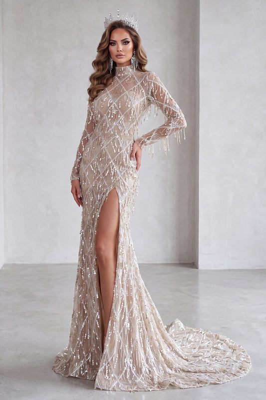 Champagne Sequin Fringed Sparkly Long Mermaid Pageant Dress with Slit