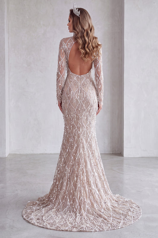 Champagne Sequin Fringed Sparkly Long Mermaid Pageant Dress with Slit