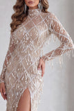 Champagne Sequin Fringed Sparkly Long Mermaid Pageant Dress with Slit