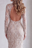 Champagne Sequin Fringed Sparkly Long Mermaid Pageant Dress with Slit