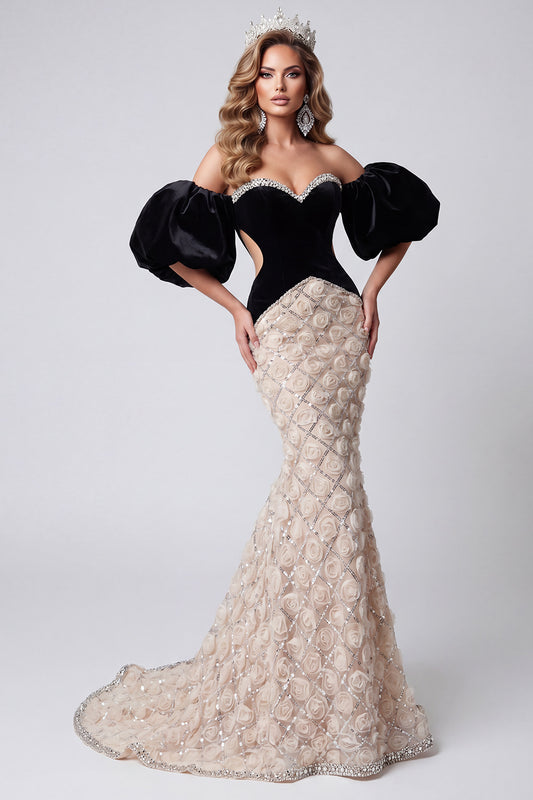 Black Floral Sequin Cut Out Sparkly Long Mermaid Pageant Dress with Sleeves