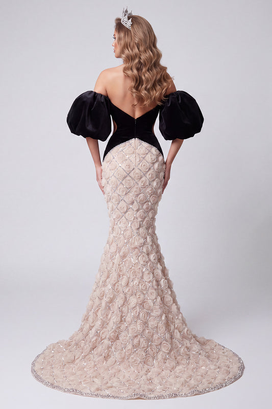 Black Floral Sequin Cut Out Sparkly Long Mermaid Pageant Dress with Sleeves
