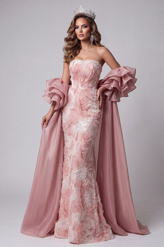 Pink Mermaid Sparkly Beaded Long Pageant Dress with Cape