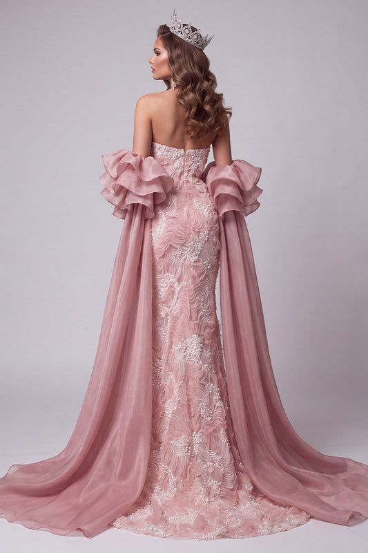 Pink Mermaid Sparkly Beaded Long Pageant Dress with Cape