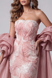 Pink Mermaid Sparkly Beaded Long Pageant Dress with Cape