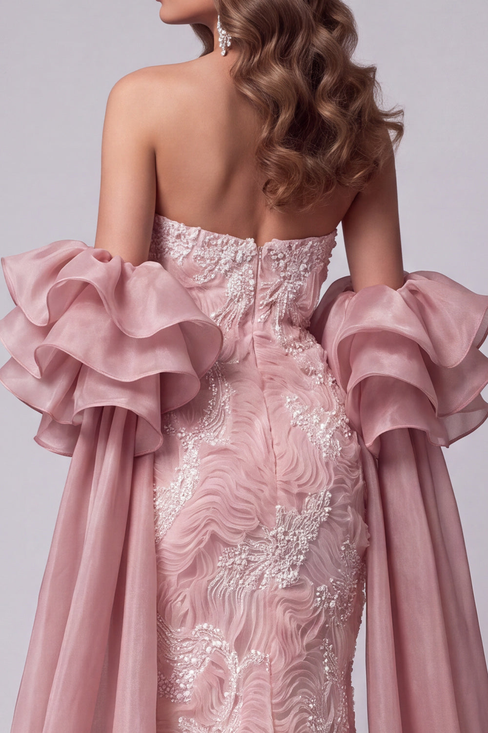 Pink Mermaid Sparkly Beaded Long Pageant Dress with Cape