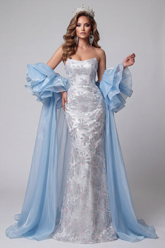 Light Blue Floral Sequin Mermaid Sparkly Long Pageant Dress with Cape