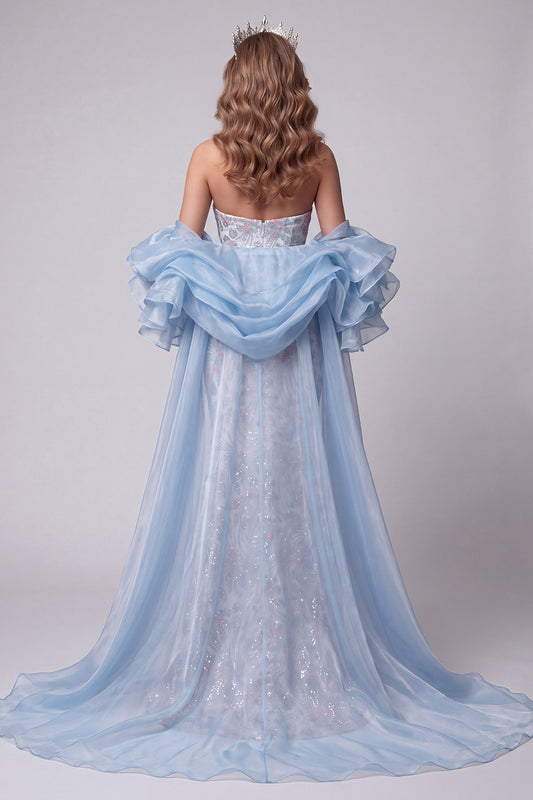 Light Blue Floral Sequin Mermaid Sparkly Long Pageant Dress with Cape