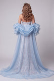 Light Blue Floral Sequin Mermaid Sparkly Long Pageant Dress with Cape