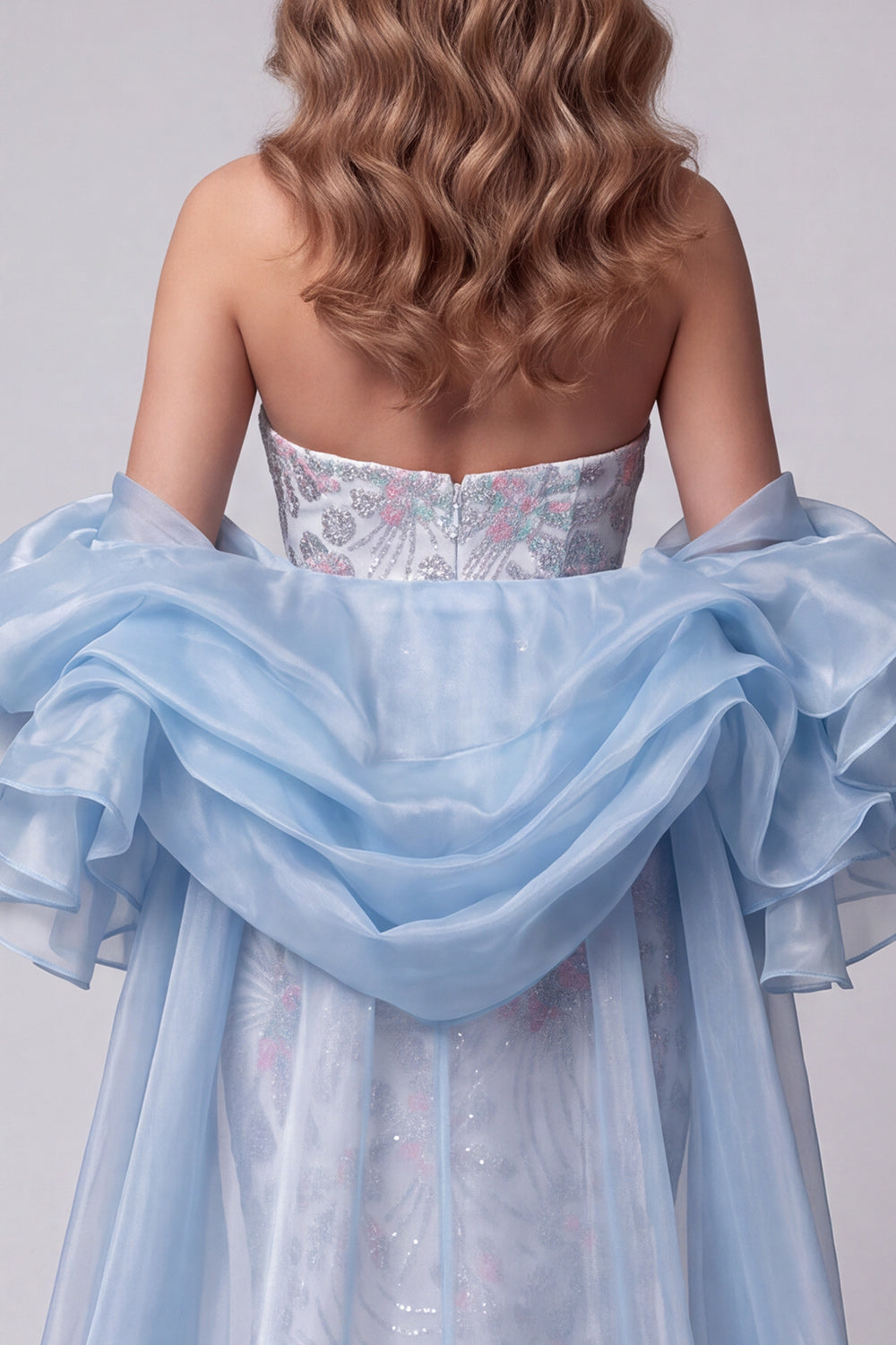 Light Blue Floral Sequin Mermaid Sparkly Long Pageant Dress with Cape