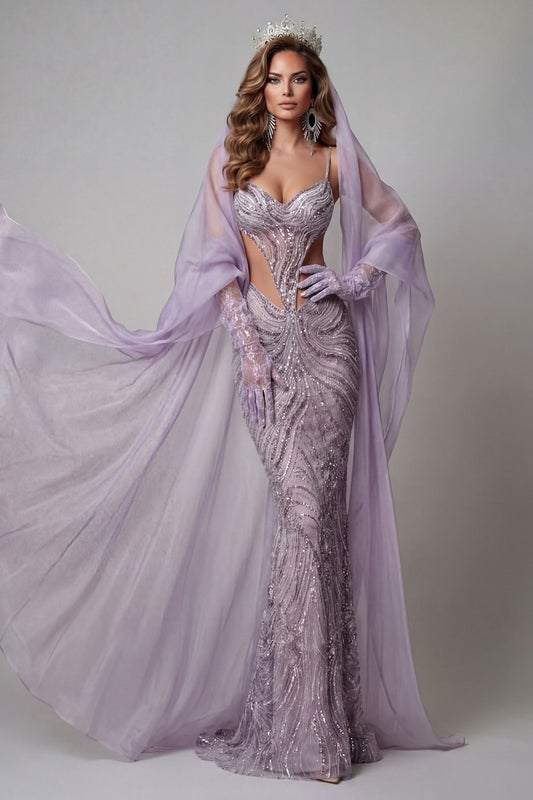 Lilac Sparkly Sequin Cut Out Long Mermaid Pageant Dress with Veil