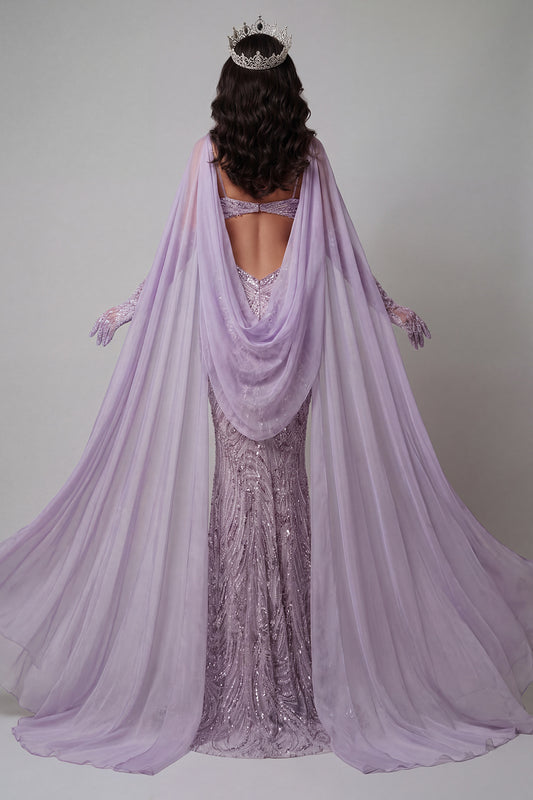 Lilac Sparkly Sequin Cut Out Long Mermaid Pageant Dress with Veil