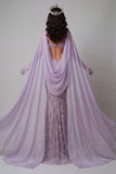 Lilac Sparkly Sequin Cut Out Long Mermaid Pageant Dress with Veil
