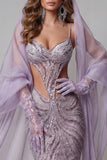 Lilac Sparkly Sequin Cut Out Long Mermaid Pageant Dress with Veil