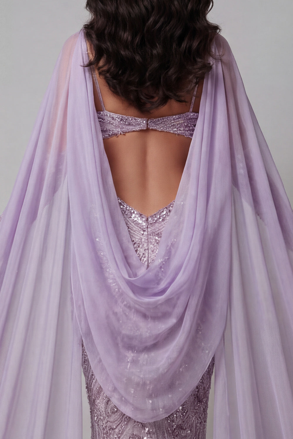 Lilac Sparkly Sequin Cut Out Long Mermaid Pageant Dress with Veil