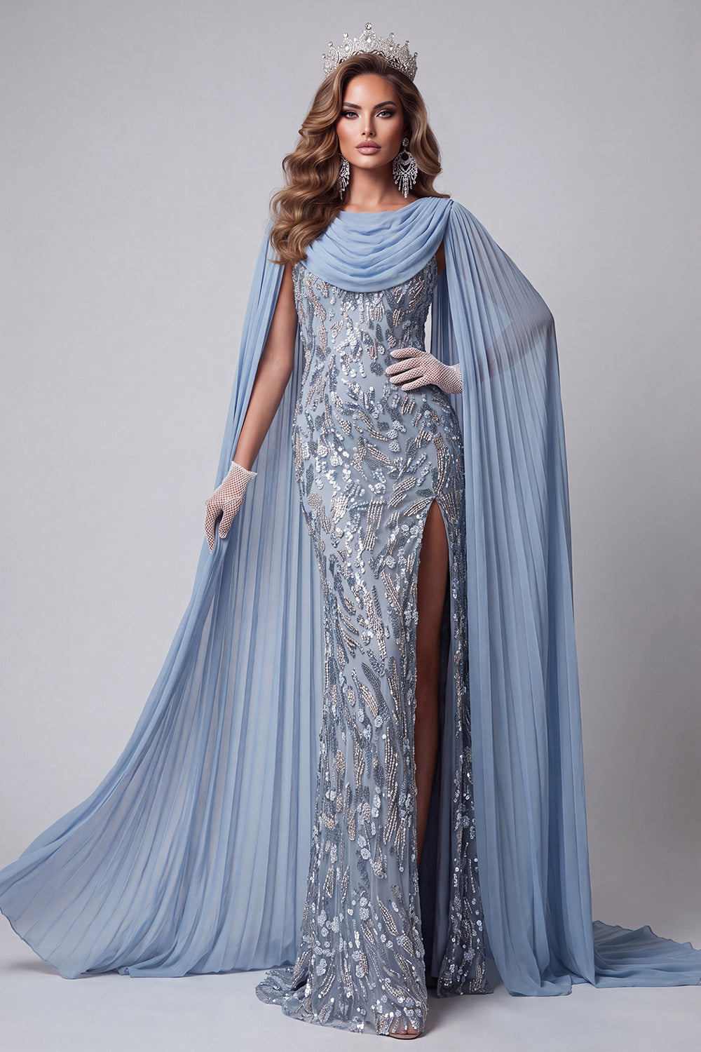 Grey Blue Beaded Sparkly Mermaid Long Pageant Dress with Slit
