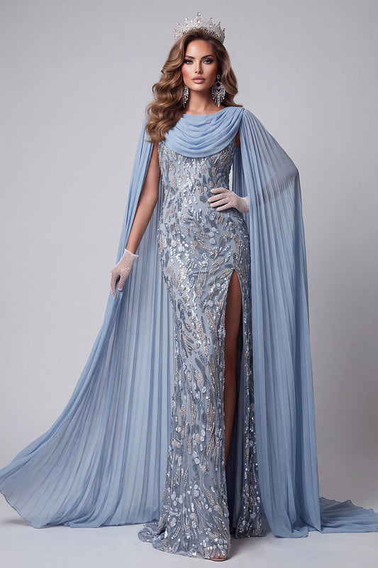 Grey Blue Beaded Sparkly Mermaid Long Pageant Dress with Slit