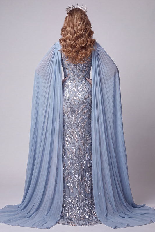 Grey Blue Beaded Sparkly Mermaid Long Pageant Dress with Slit