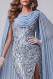 Grey Blue Beaded Sparkly Mermaid Long Pageant Dress with Slit