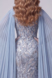 Grey Blue Beaded Sparkly Mermaid Long Pageant Dress with Slit