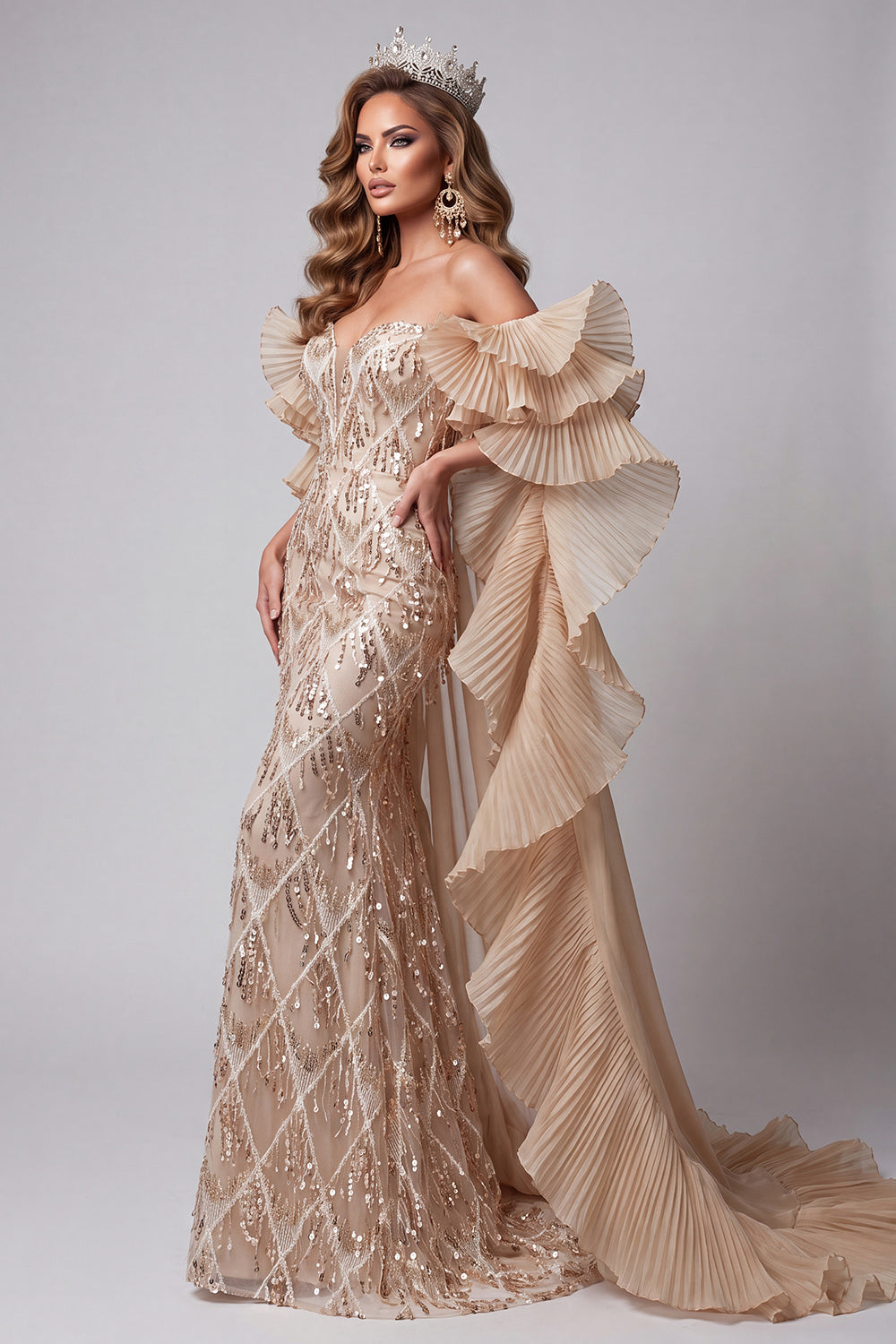 Champagne Sparkly Sequin Long Mermaid Pageant Dress with Cape