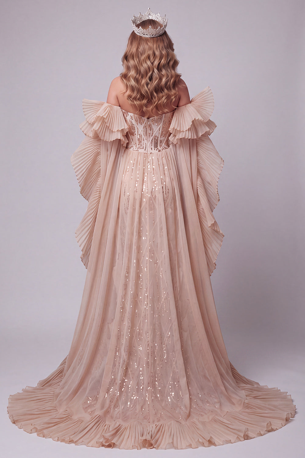 Champagne Sparkly Sequin Long Mermaid Pageant Dress with Cape