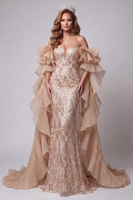 Champagne Sparkly Sequin Long Mermaid Pageant Dress with Cape
