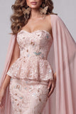 Blush Floral Sequin Mermaid Sparkly Long Pageant Dress with Cape