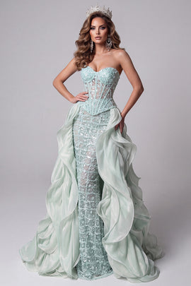 Mint Green Corset Sparkly Sequin Long Mermaid Pageant Dress with Cape