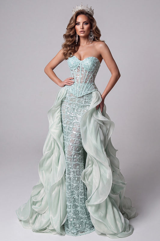 Mint Green Corset Sparkly Sequin Long Mermaid Pageant Dress with Cape