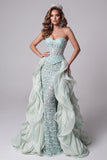 Mint Green Corset Sparkly Sequin Long Mermaid Pageant Dress with Cape
