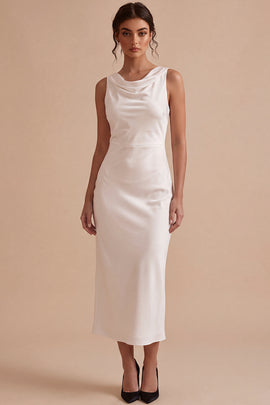 Simple White Satin Sheath Cowl Neck Maxi Engagement Dress
