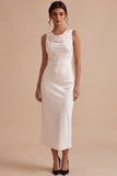 Simple White Satin Sheath Cowl Neck Maxi Engagement Dress