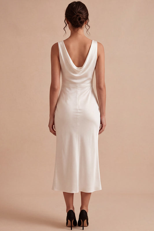 Simple White Satin Sheath Cowl Neck Maxi Engagement Dress