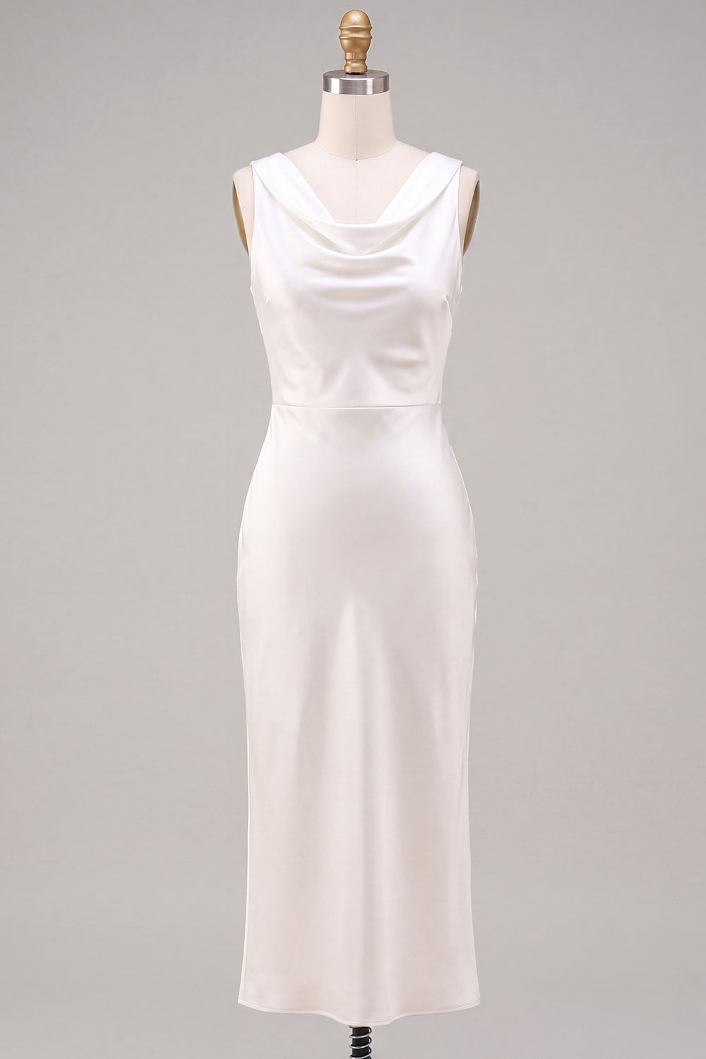 Simple White Satin Sheath Cowl Neck Maxi Engagement Dress