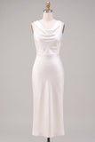 Simple White Satin Sheath Cowl Neck Maxi Engagement Dress