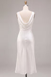 Simple White Satin Sheath Cowl Neck Maxi Engagement Dress
