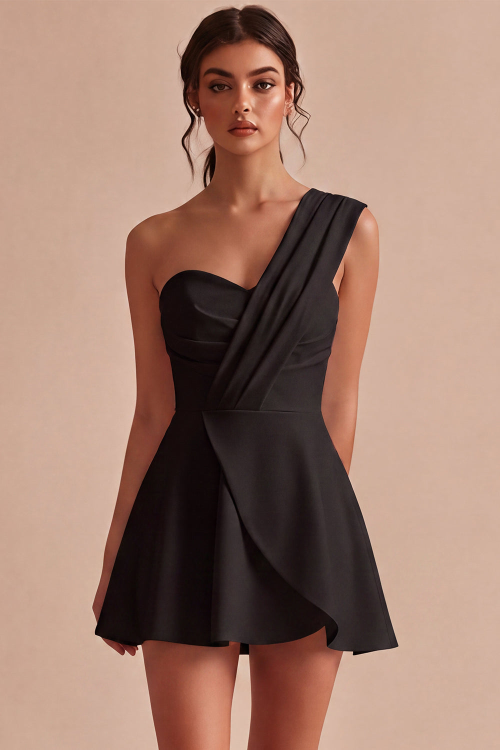 White One Shoulder Ruched A Line Mini Graduation Dress