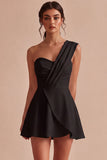 White One Shoulder Ruched A Line Mini Graduation Dress