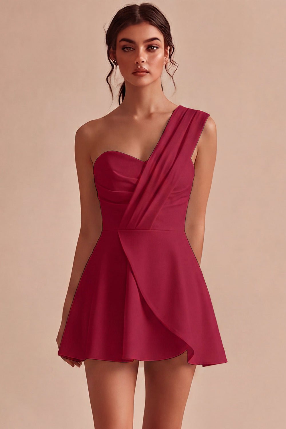 White One Shoulder Ruched A Line Mini Graduation Dress