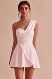 White One Shoulder Ruched A Line Mini Graduation Dress