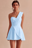 White One Shoulder Ruched A Line Mini Graduation Dress