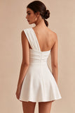 White One Shoulder Ruched A Line Mini Graduation Dress
