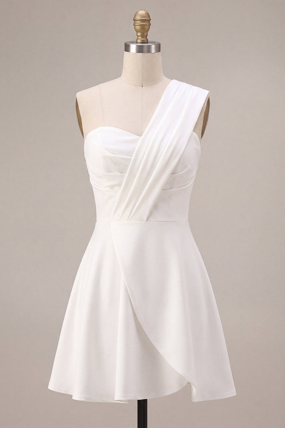 White One Shoulder Ruched A Line Mini Graduation Dress