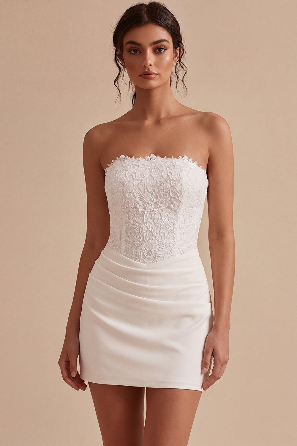 White Lace Strapless Ruched Tight Short Corset Graduation Dress