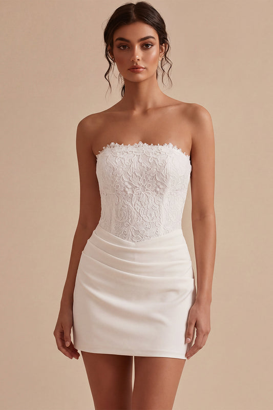White Lace Strapless Ruched Tight Short Corset Graduation Dress