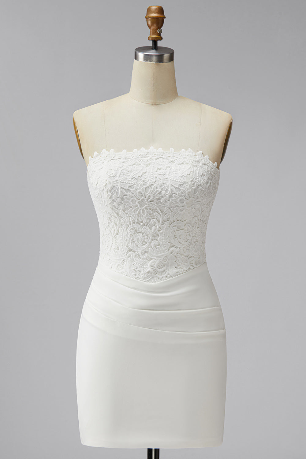 White Lace Strapless Ruched Tight Short Corset Graduation Dress